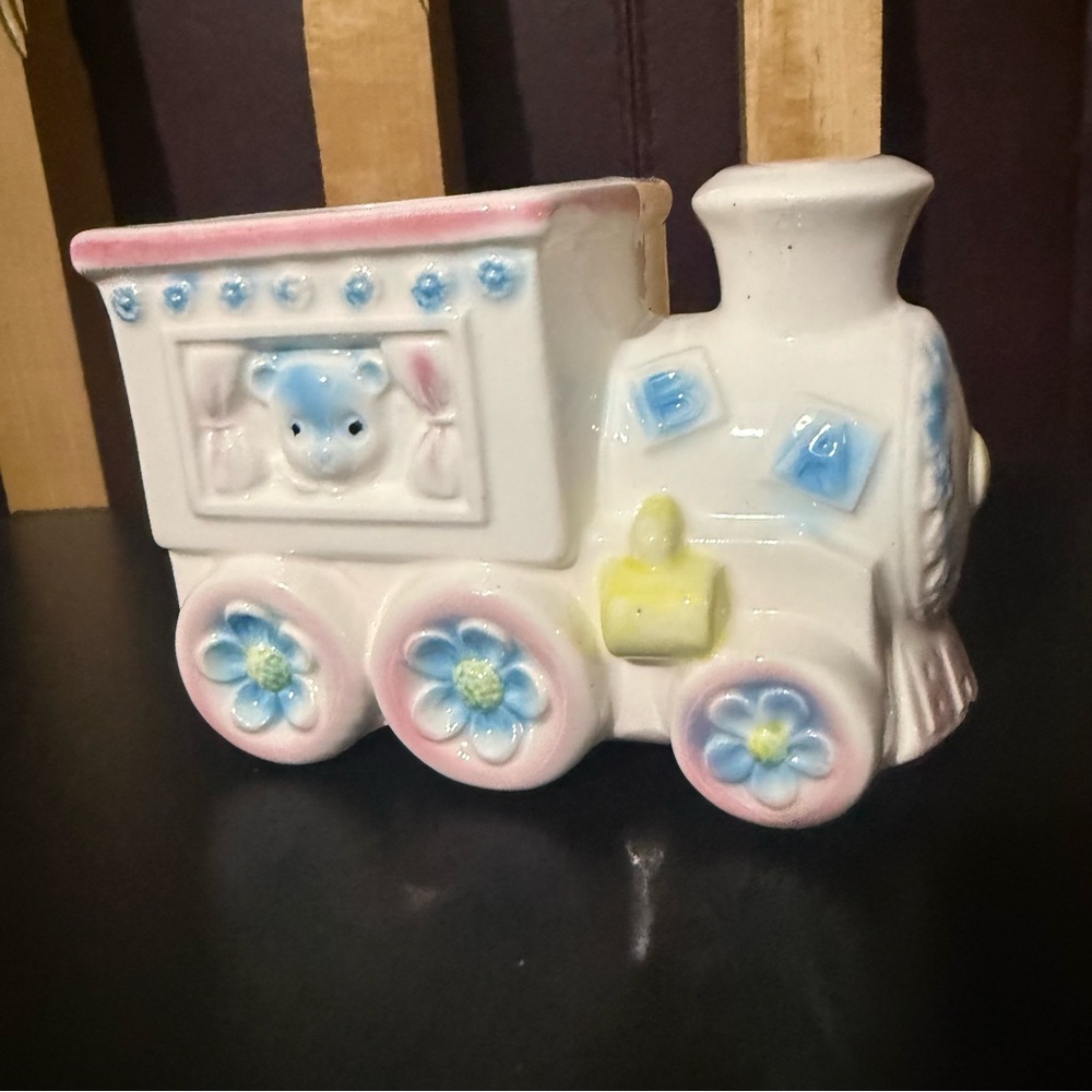 Vintage Relpo Japan Baby Train Planter #6468 Teddy Bear Nursery Decor 1950-60s